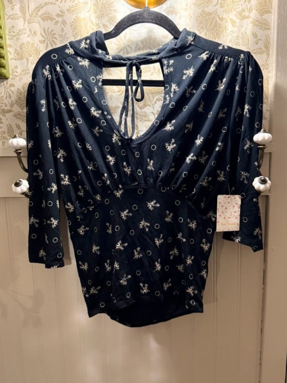 NWT Free People Black Printed Keyhole Top Size Small